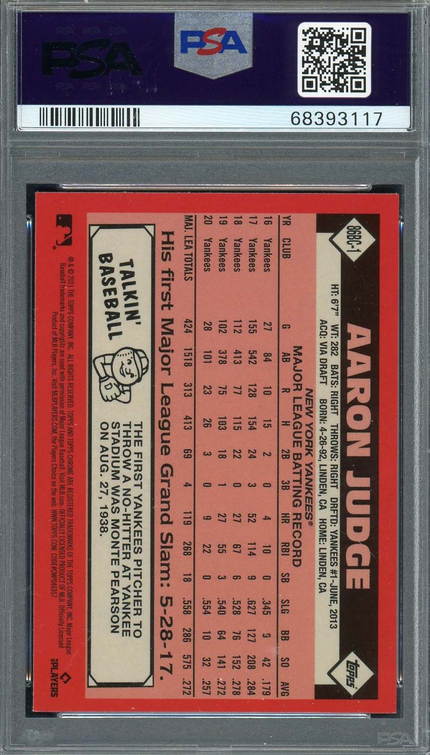 Aaron Judge 2021 Topps Chrome 1986 Baseball Card #86BC1 Graded PSA 10-Powers Sports Memorabilia