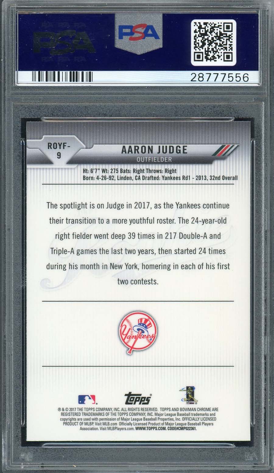 Aaron Judge 2017 Bowman ROY Favorites Baseball Rookie Card #9 Graded PSA 10-Powers Sports Memorabilia