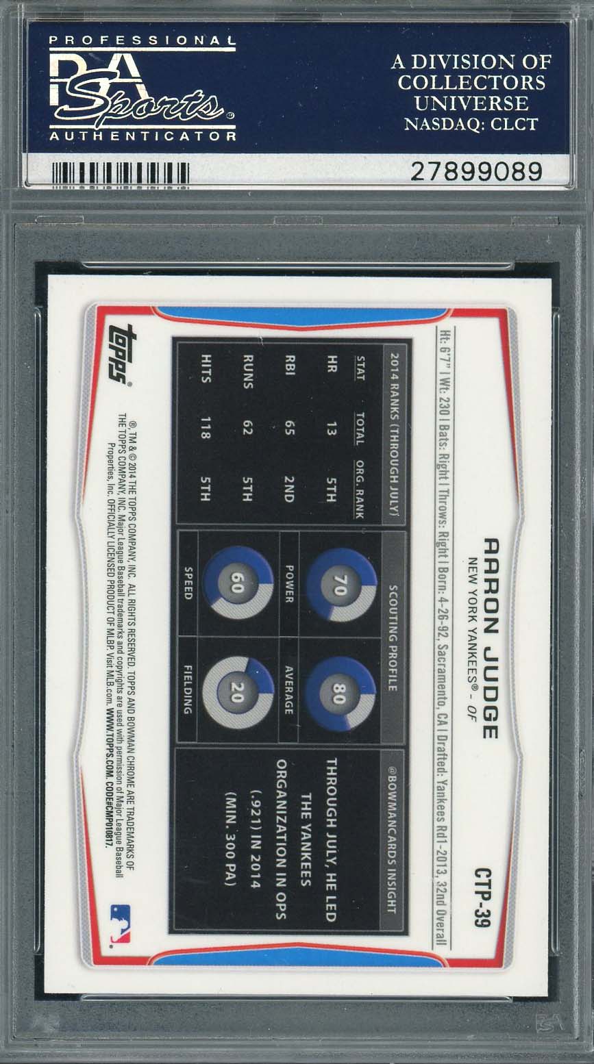 Aaron Judge 2014 Bowman Draft Picks Chrome Baseball Rookie Card #CTP39 PSA 10-Powers Sports Memorabilia