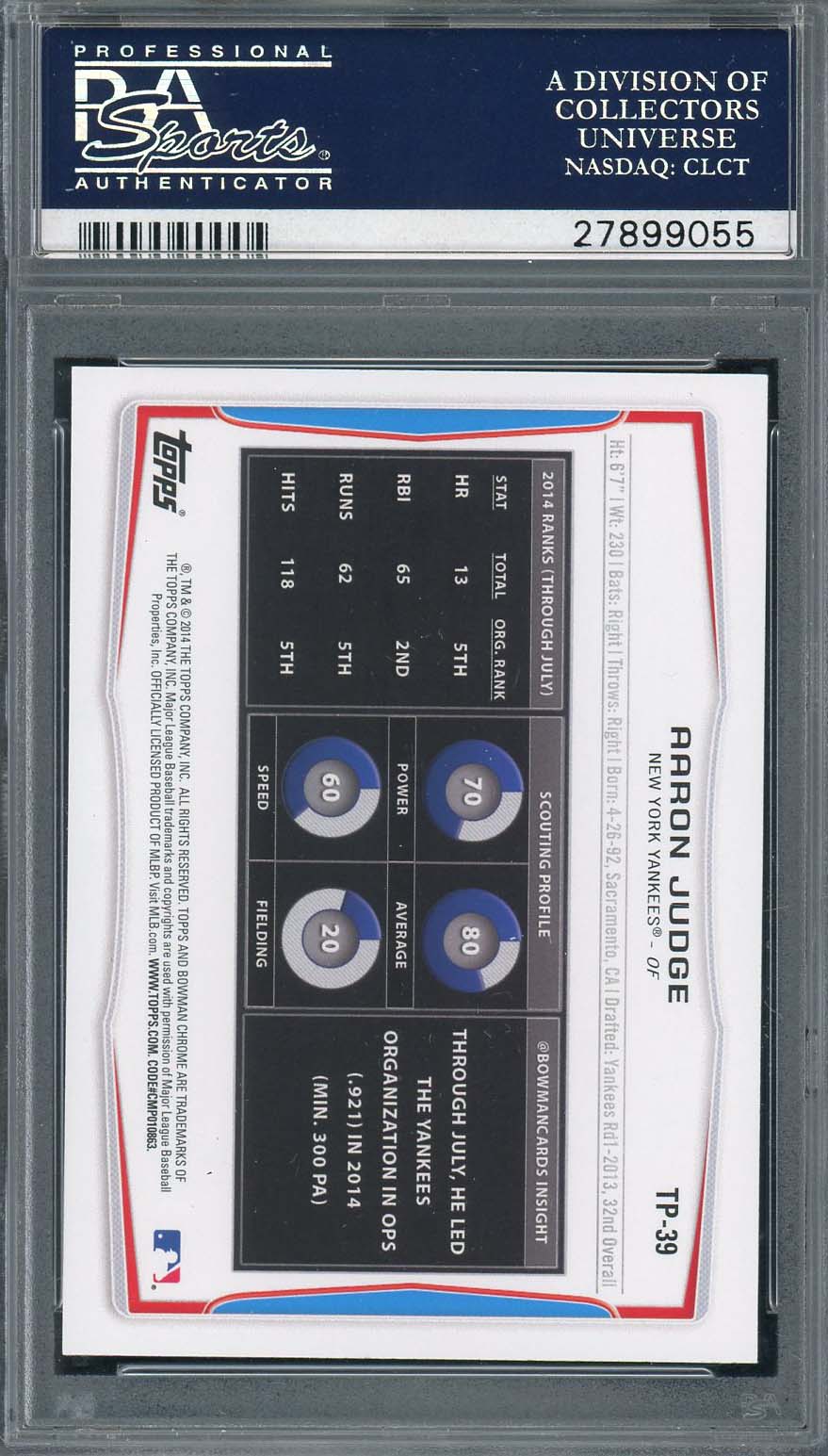Aaron Judge 2014 Bowman Draft Picks Baseball Rookie Card RC #TP39 Graded PSA 10-Powers Sports Memorabilia