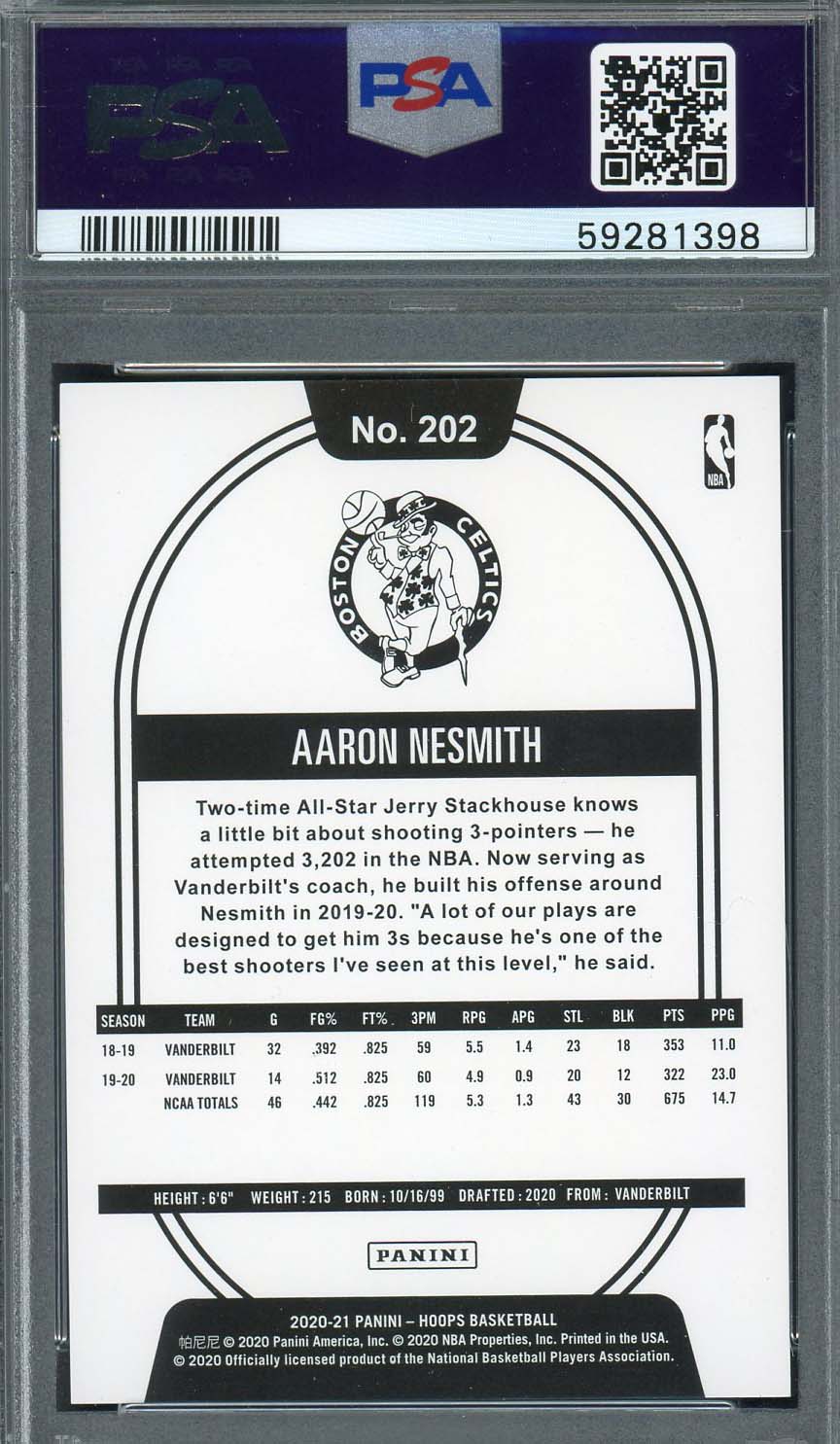 Aaron Nesmith 2020 Panini Hoops Silver Basketball Rookie Card #202 Graded PSA 9-Powers Sports Memorabilia