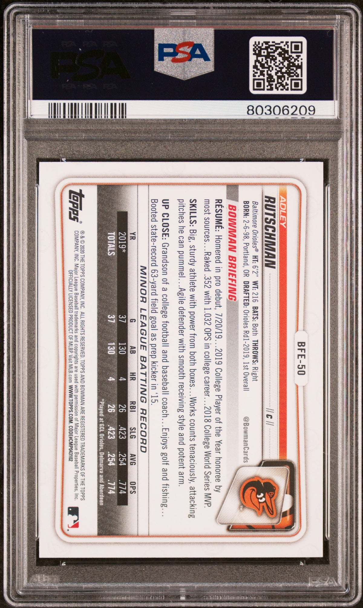 Adley Rutschman 2020 Bowman 1st Edition Baseball Rookie Card BFE50 Graded PSA 9-Powers Sports Memorabilia