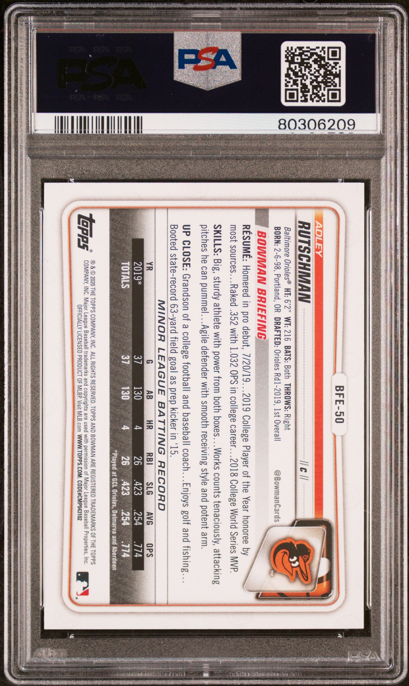 Adley Rutschman 2020 Bowman 1st Edition Baseball Rookie Card BFE50 Graded PSA 9-Powers Sports Memorabilia