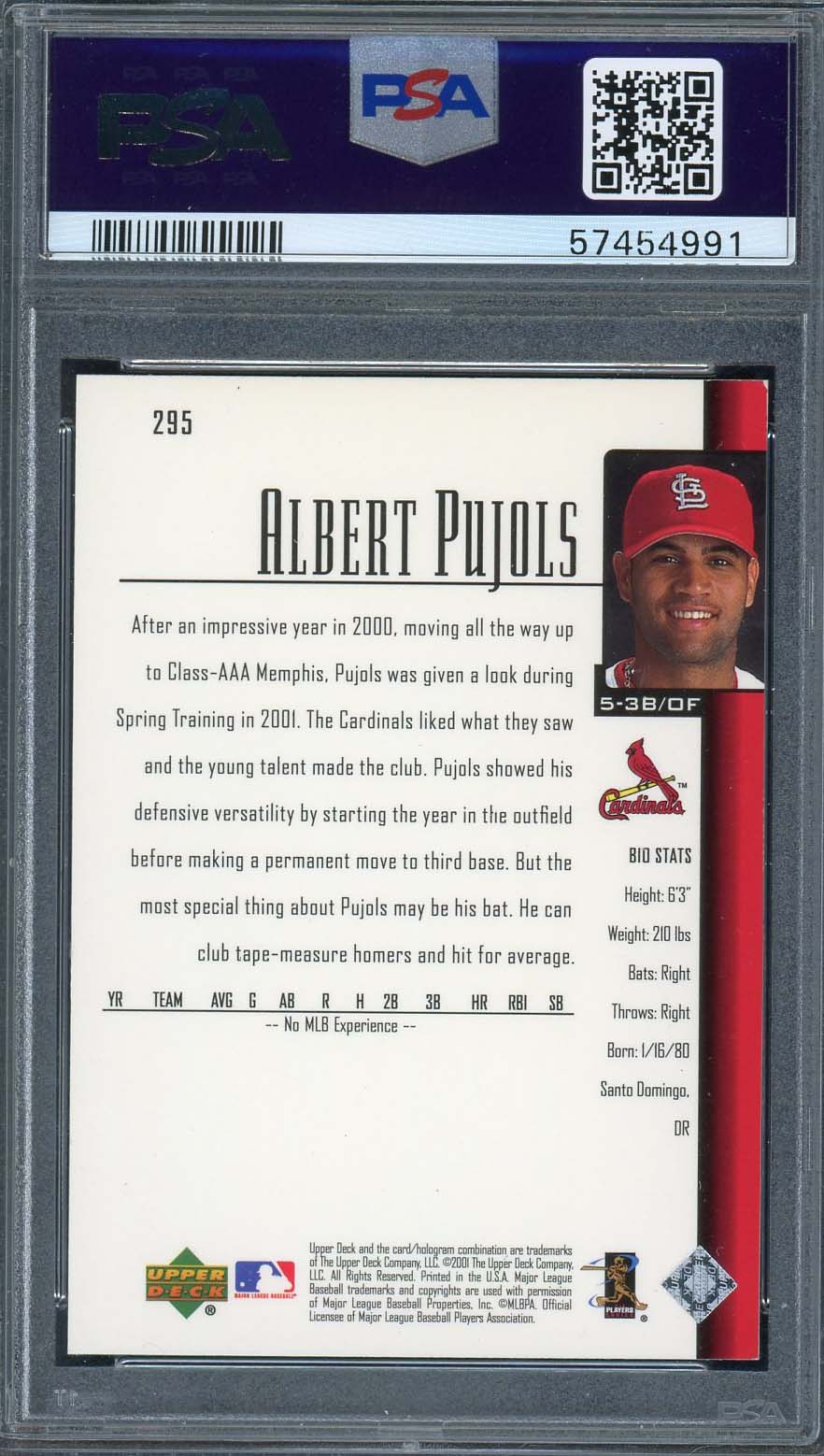 Albert Pujols 2001 Upper Deck Baseball Rookie Card RC #295 Graded PSA 8-Powers Sports Memorabilia