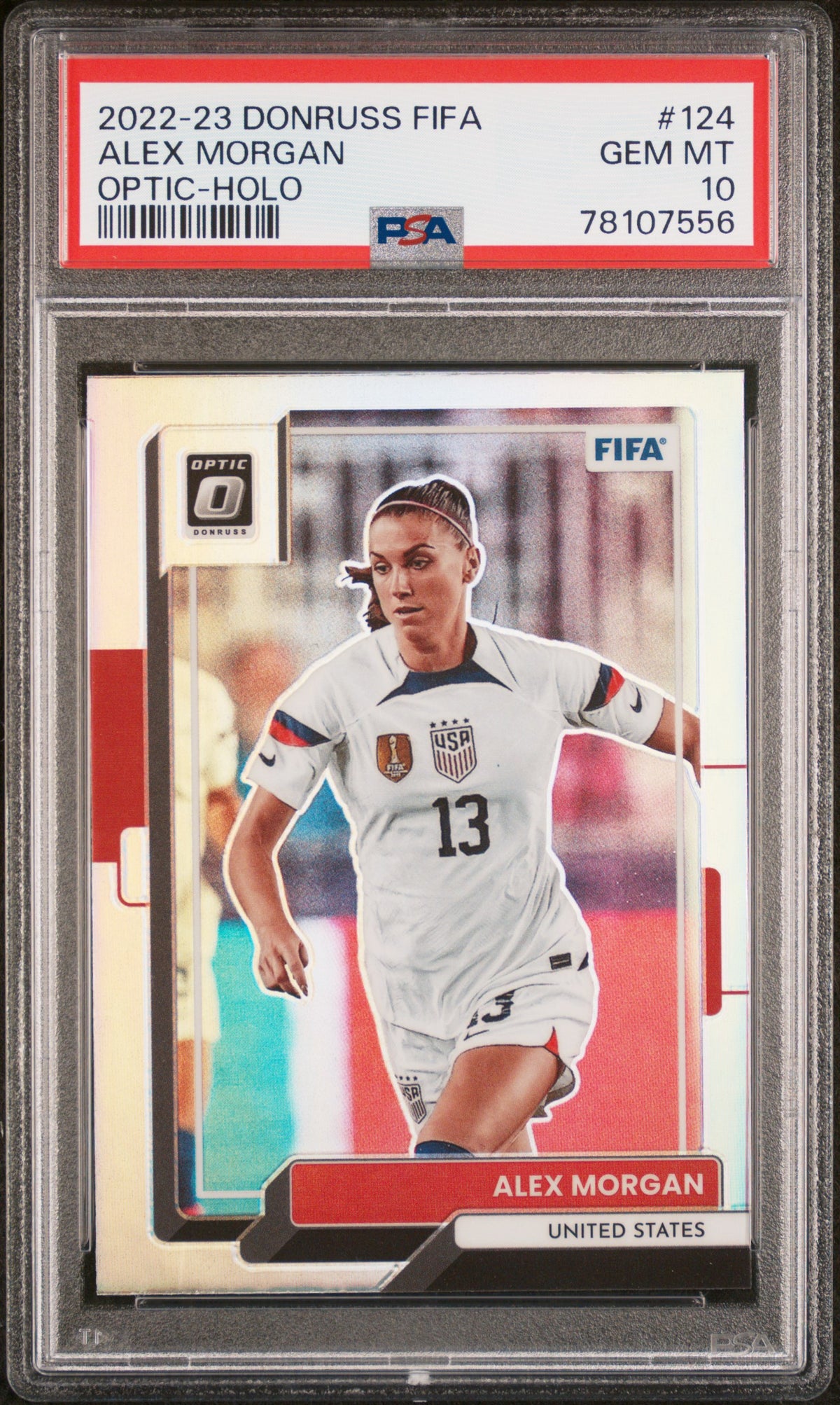 Alex Morgan 2022 Panini Donruss Optic World Cup Holo Card #124 Graded PSA 10-Powers Sports Memorabilia