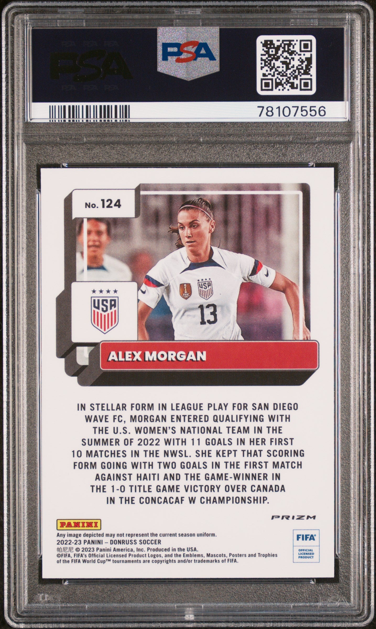 Alex Morgan 2022 Panini Donruss Optic World Cup Holo Card #124 Graded PSA 10-Powers Sports Memorabilia