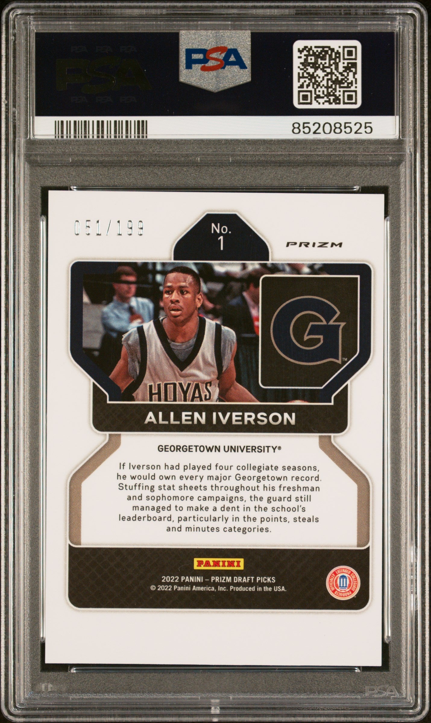 Allen Iverson 2022 Panini Prizm Draft Picks Blue Signed Card #1 Auto PSA 51/199-Powers Sports Memorabilia