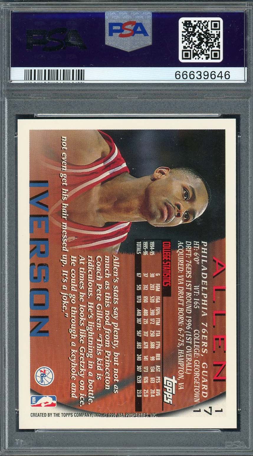 Allen Iverson 1996 Topps Basketball Rookie Card RC #171 Graded PSA 10-Powers Sports Memorabilia