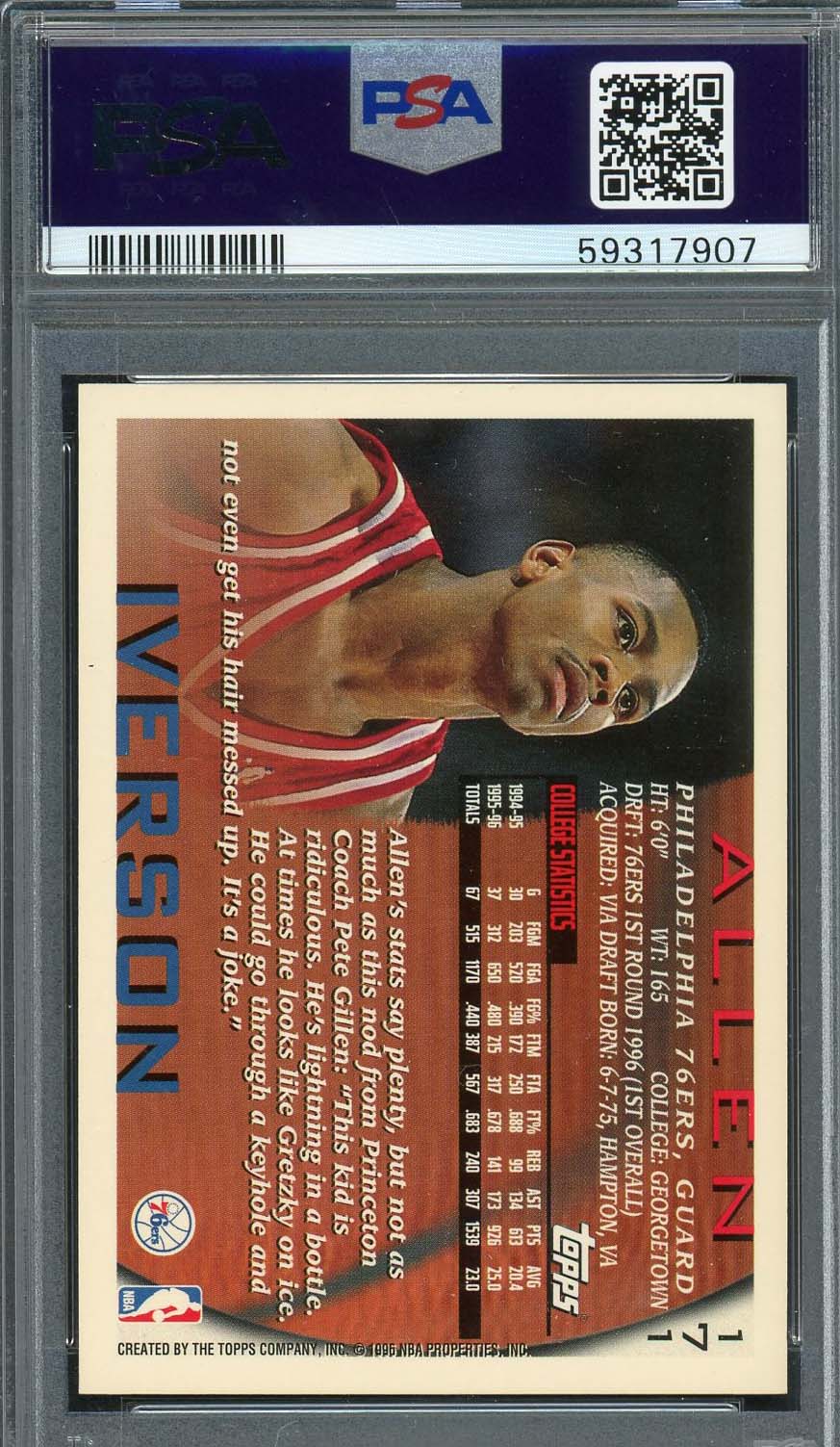 Allen Iverson 1996 Topps Basketball Rookie Card #171 Graded PSA 9-Powers Sports Memorabilia