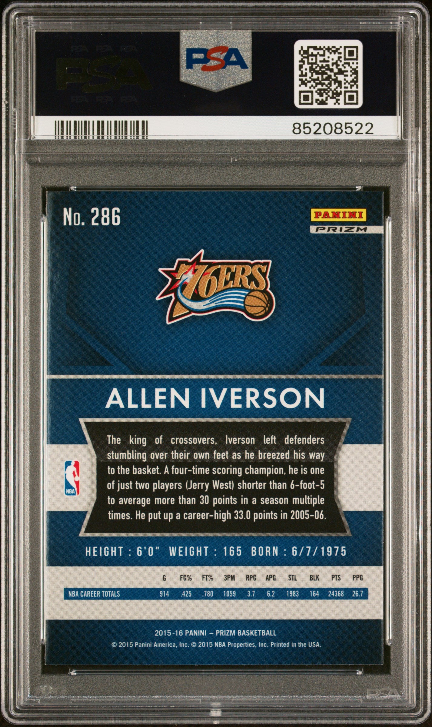 Allen Iverson 2015 Panini Prizm Red White Blue Signed Card #286 Auto PSA 5208522-Powers Sports Memorabilia