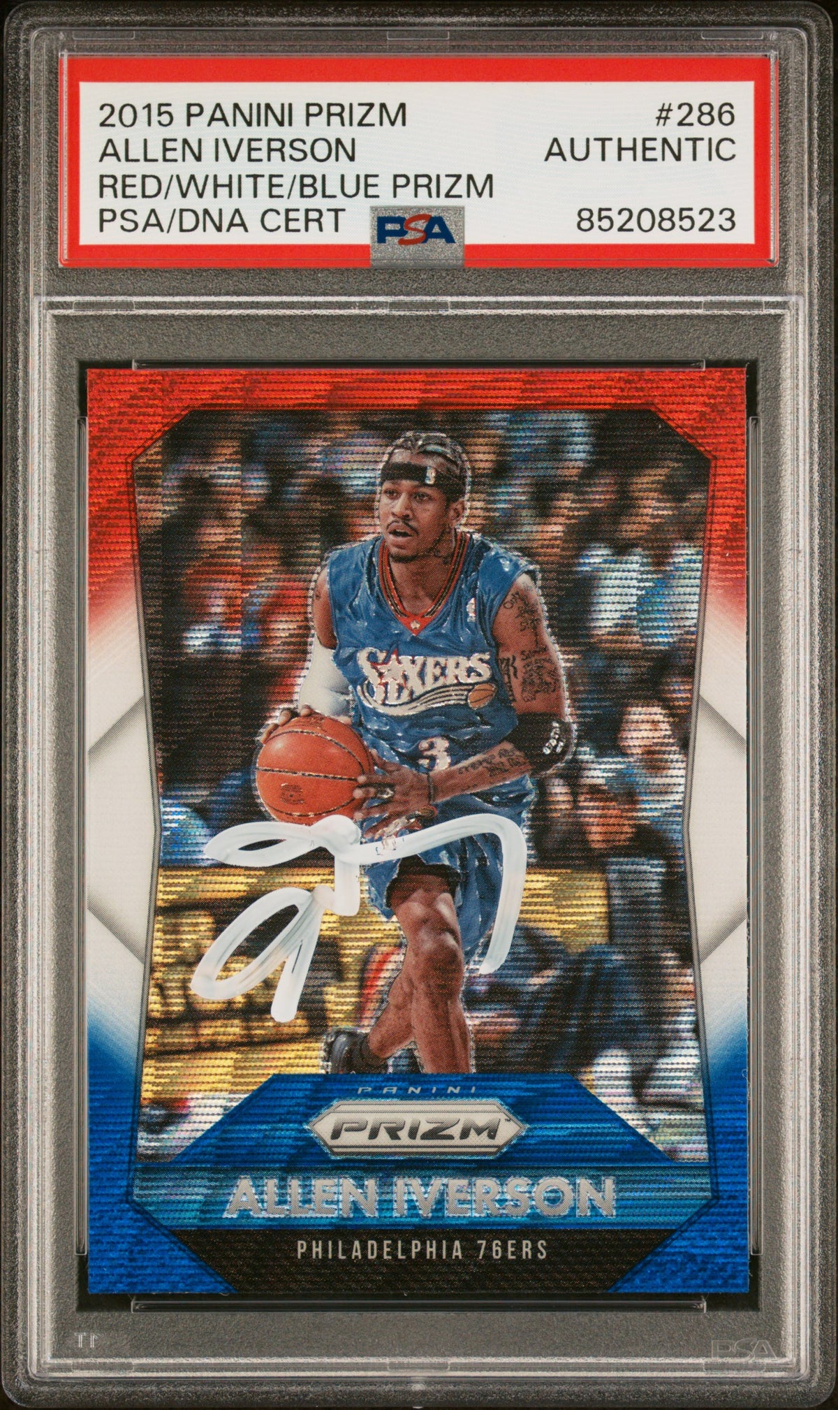 Allen Iverson 2015 Panini Prizm Red White Blue Signed Card #286 Auto PSA 5208523-Powers Sports Memorabilia