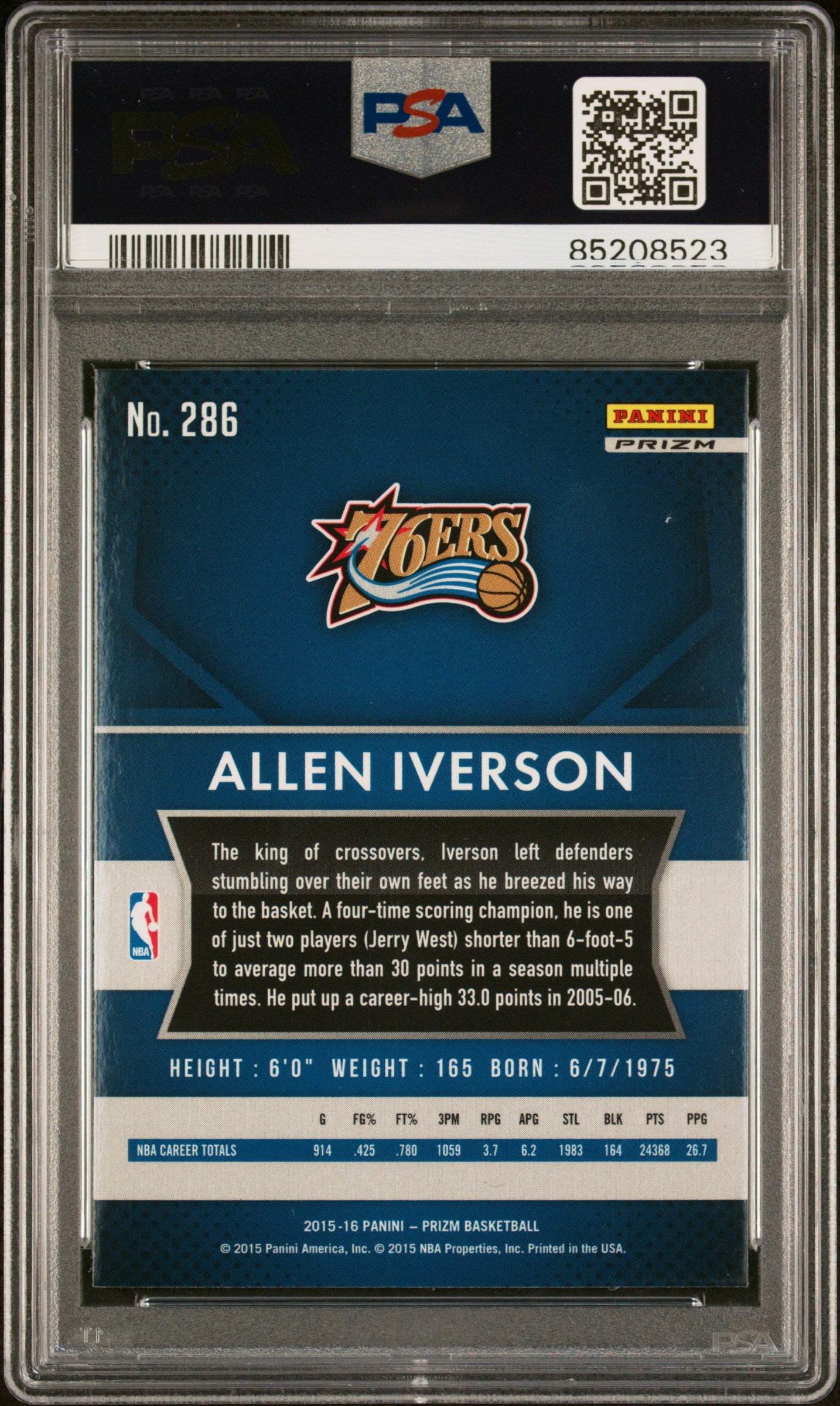 Allen Iverson 2015 Panini Prizm Red White Blue Signed Card #286 Auto PSA 5208523-Powers Sports Memorabilia