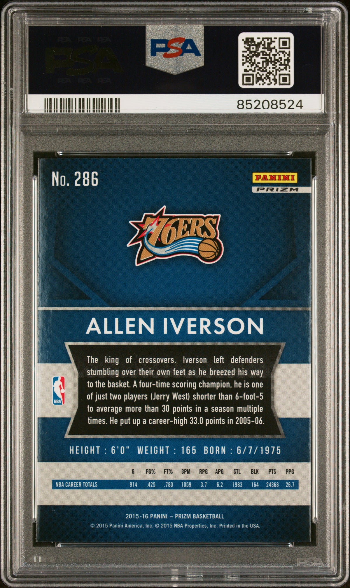 Allen Iverson 2015 Panini Prizm Red White Blue Signed Card #286 Auto PSA 5208524-Powers Sports Memorabilia