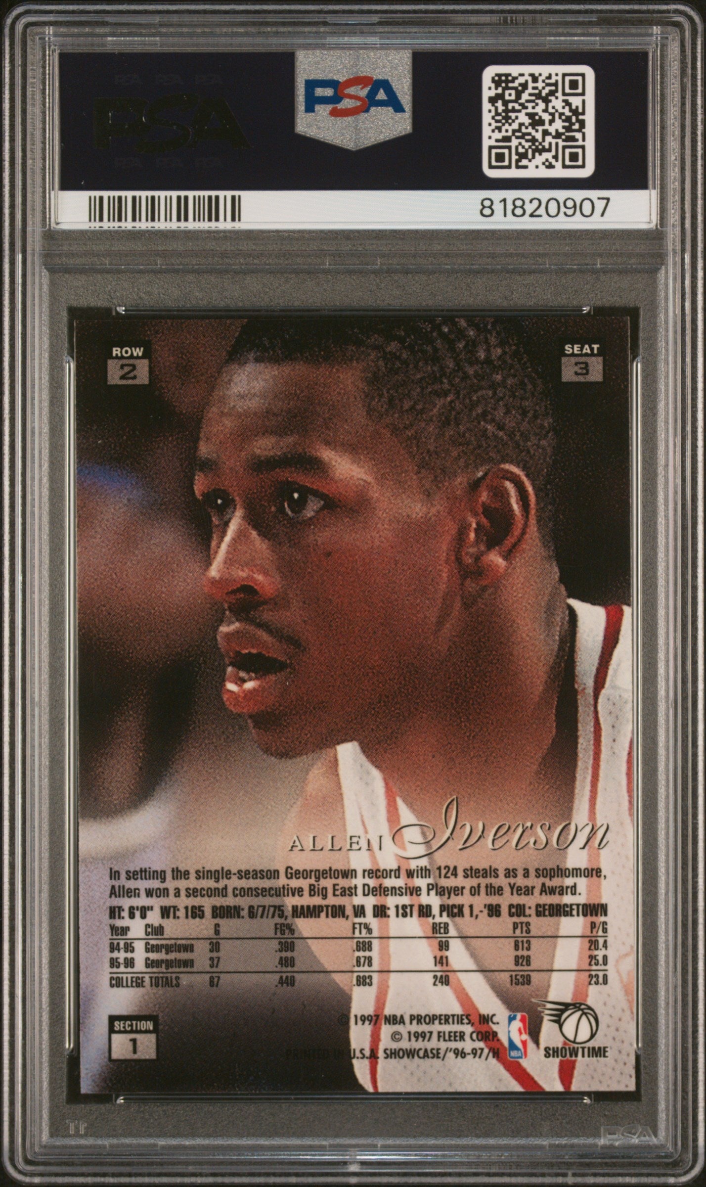 Allen Iverson 1996 Flair Showcase Row 2 Signed Rookie Card #3 Auto PSA 81820907-Powers Sports Memorabilia