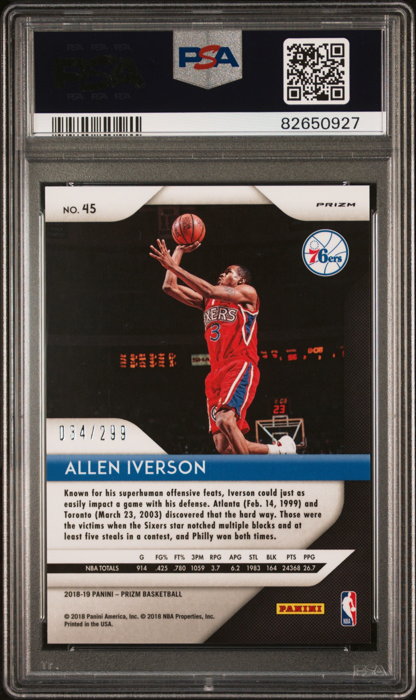 Allen Iverson 2018 Panini Prizm Red Signed Card #45 Auto Graded PSA 10 34/299-Powers Sports Memorabilia