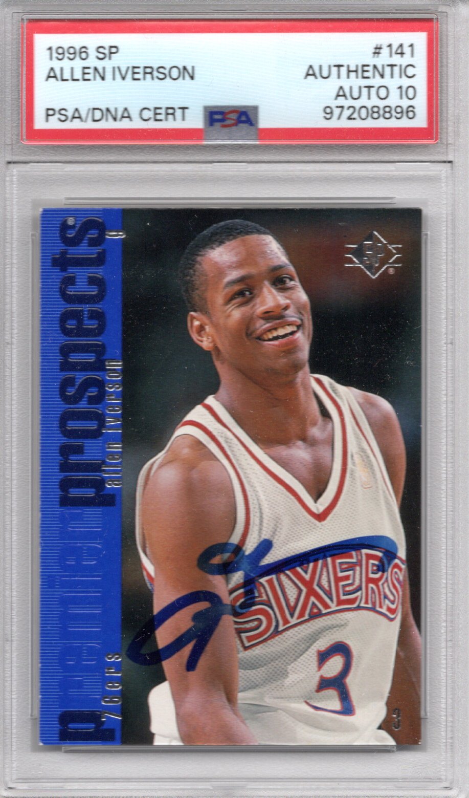 Allen Iverson Signed Philadelphia 76ers 1996 Upper Deck SP #141 Rookie Card PSA AUTHENTIC AUTO 10-Powers Sports Memorabilia