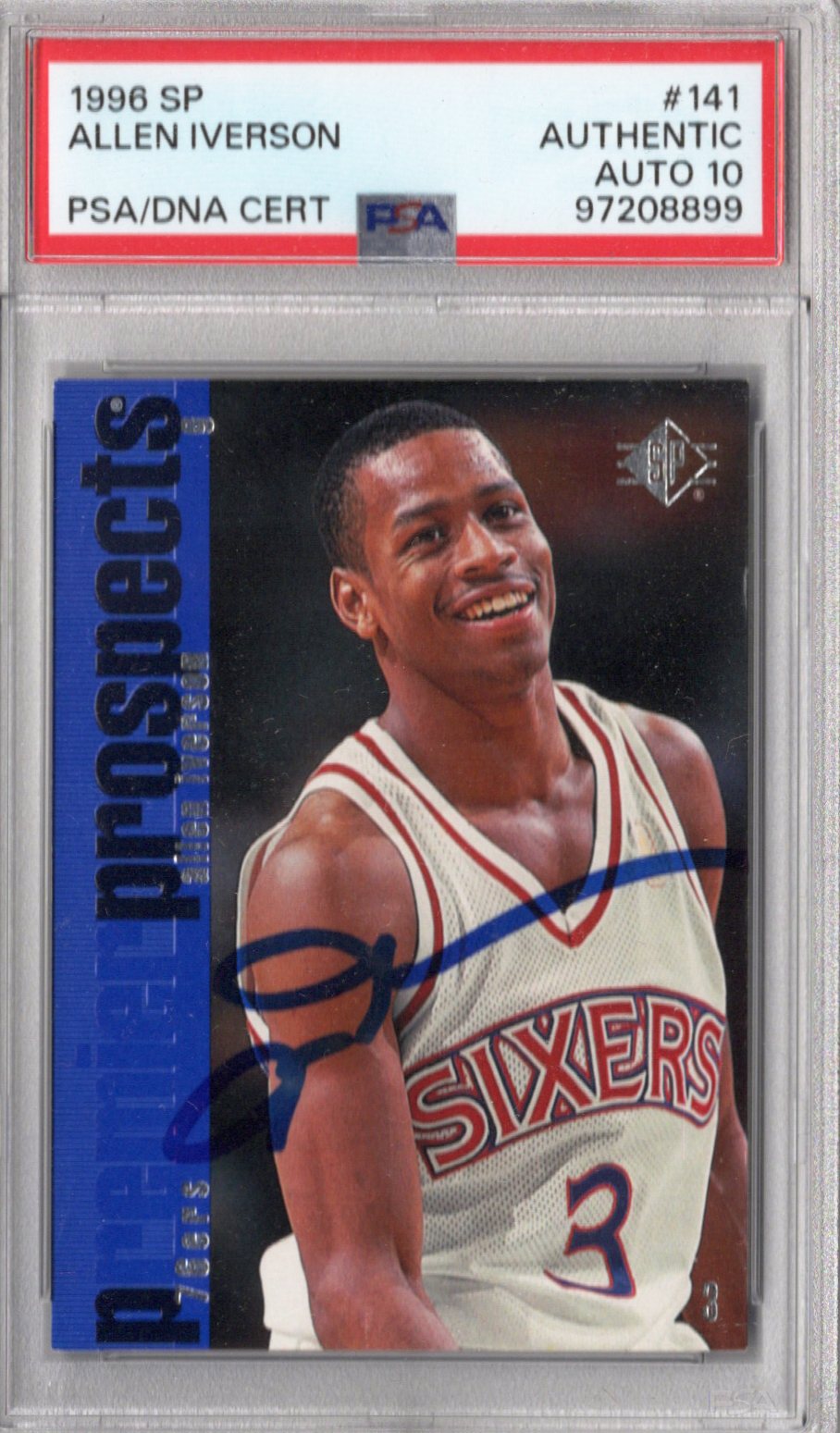 Allen Iverson Signed Philadelphia 76ers 1996 Upper Deck SP #141 Rookie Card PSA AUTHENTIC AUTO 10