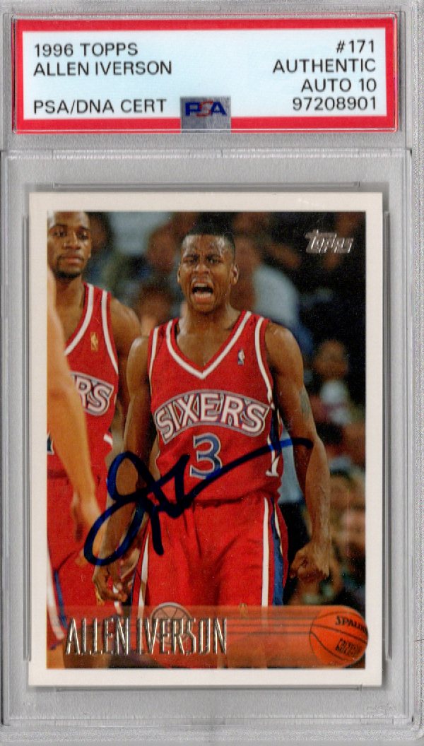 Allen Iverson Signed Philadelphia 76ers 1996 Topps Rookie Card #171 PSA Graded AUTHENTIC AUTO 10-Powers Sports Memorabilia