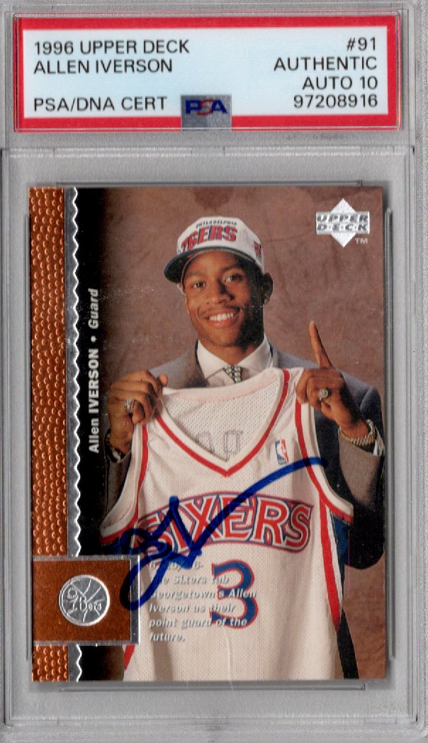 Allen Iverson Signed Philadelphia 76ers 1996 Upper Deck Rookie Card #91 PSA Authenticated AUTO 10