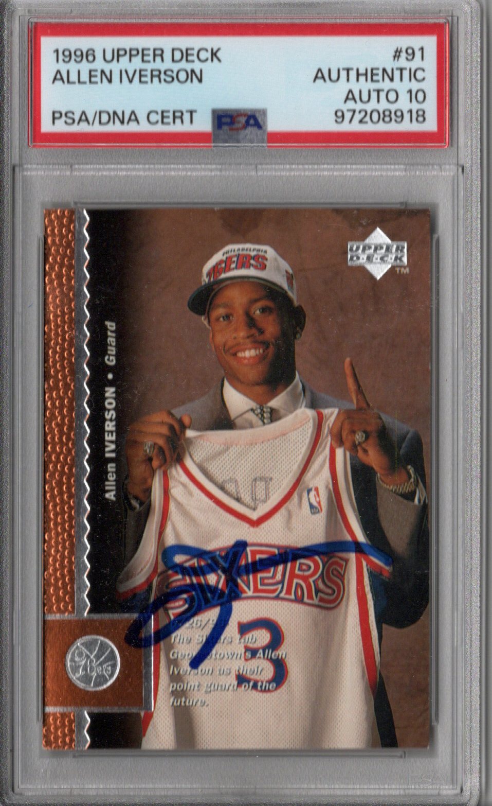 Allen Iverson Signed Philadelphia 76ers 1996 Upper Deck Rookie Card #91 PSA Authenticated AUTO 10-Powers Sports Memorabilia
