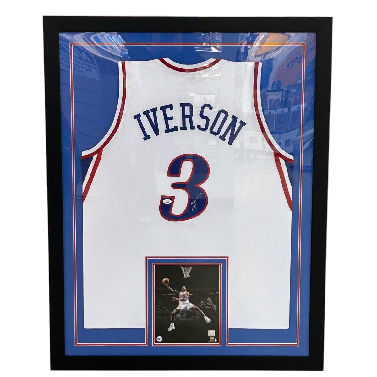 Autographed Allen Iverson Philadelphia 76ers (White #3) Deluxe Framed Jersey - JSA-Powers Sports Memorabilia