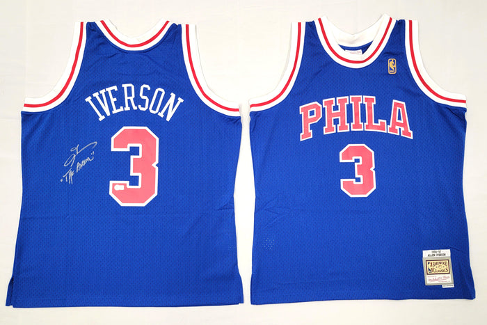 Allen Iverson Signed Philadelphia 76ers Mitchell & Ness Blue 1996-97 Swingman Jersey W/ The Answer Beckett Witnessed #9-Powers Sports Memorabilia