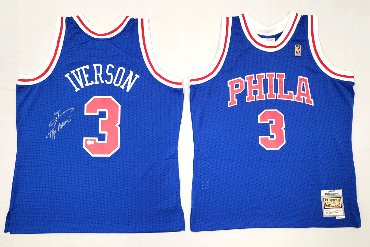 Allen Iverson Autographed Philadelphia 76ers Mitchell & Ness Blue 1996-97 Swingman Jersey W/ The Answer Beckett Witnessed #9-Powers Sports Memorabilia