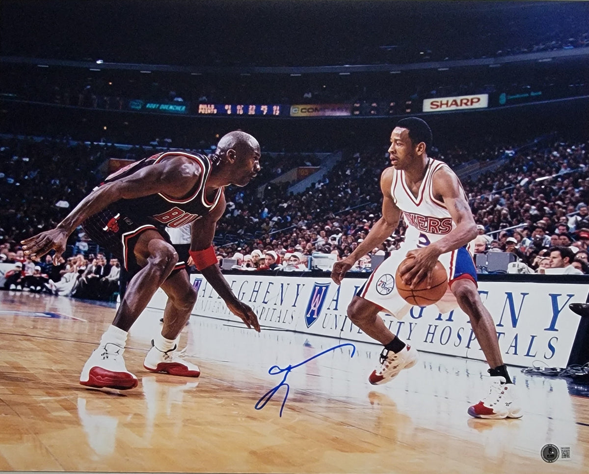 Allen Iverson vs. Jordan Signed Philadelphia 76ers 16x20 Photo - Beckett-Powers Sports Memorabilia