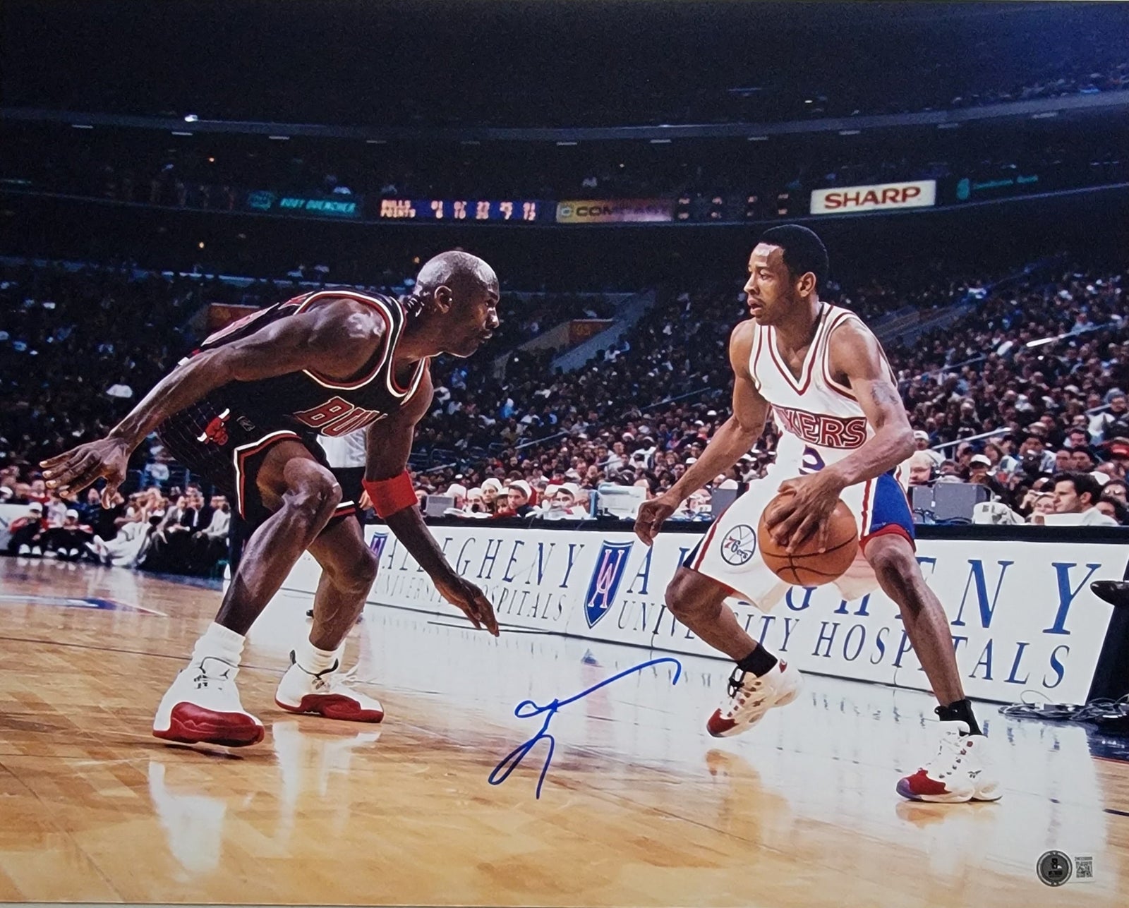 Allen Iverson vs. Jordan Signed Philadelphia 76ers 16x20 Photo - Beckett-Powers Sports Memorabilia