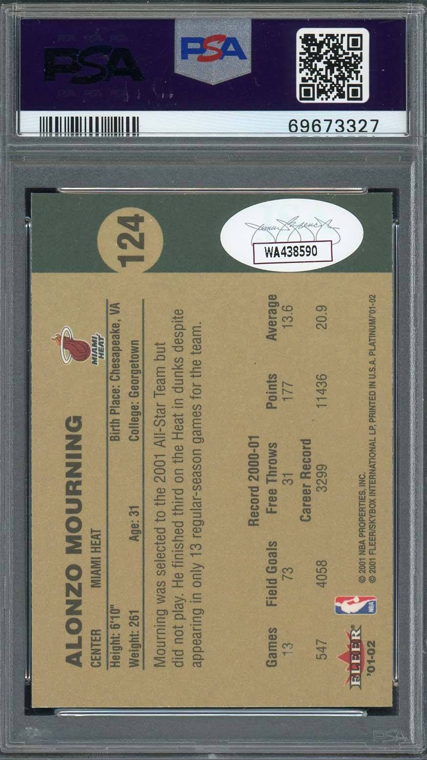 Alonzo Mourning 2001 Fleer Platinum Signed Card #124 Auto Graded PSA 10-Powers Sports Memorabilia