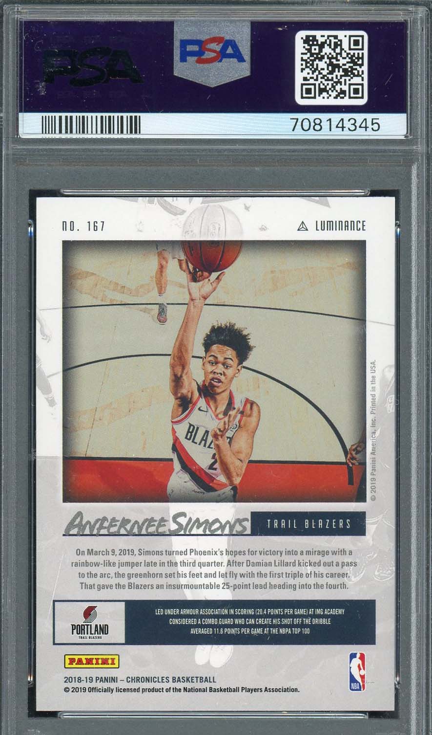 Anfernee Simons 2018 Panini Chronicles Rookie Card #167 Graded PSA 10-Powers Sports Memorabilia