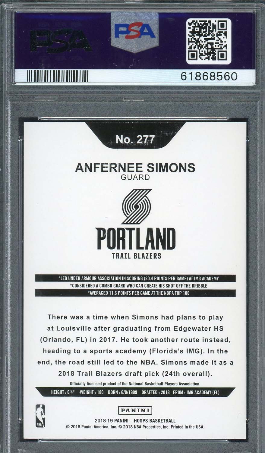 Anfernee Simons 2018 Panini Hoops Basketball Rookie Card RC #277 Graded PSA 10-Powers Sports Memorabilia