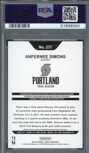 Anfernee Simons 2018 Panini Hoops Basketball Rookie Card RC #277 Graded PSA 10-Powers Sports Memorabilia
