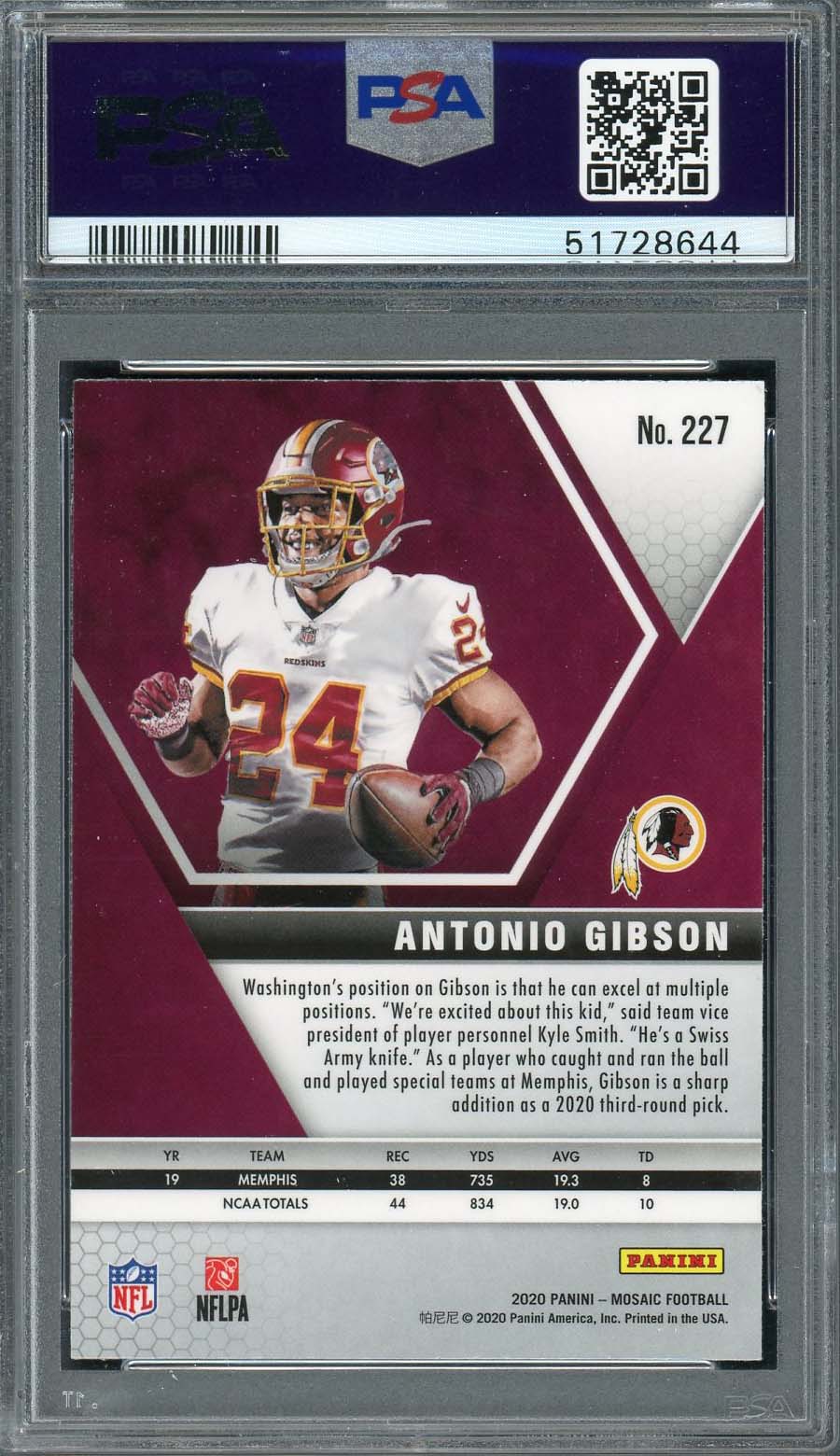 Antonio Gibson 2020 Panini Mosaic Football Rookie Card RC #227 PSA 9-Powers Sports Memorabilia