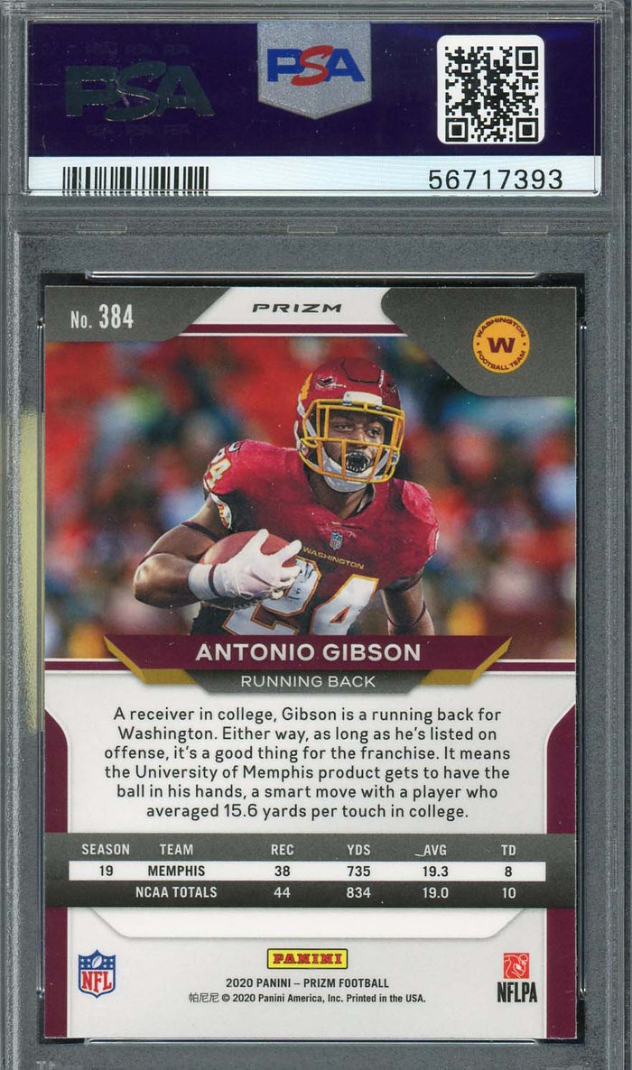 Antonio Gibson 2020 Panini Prizm Lazer Rookie Football Card #384 Graded PSA 9-Powers Sports Memorabilia