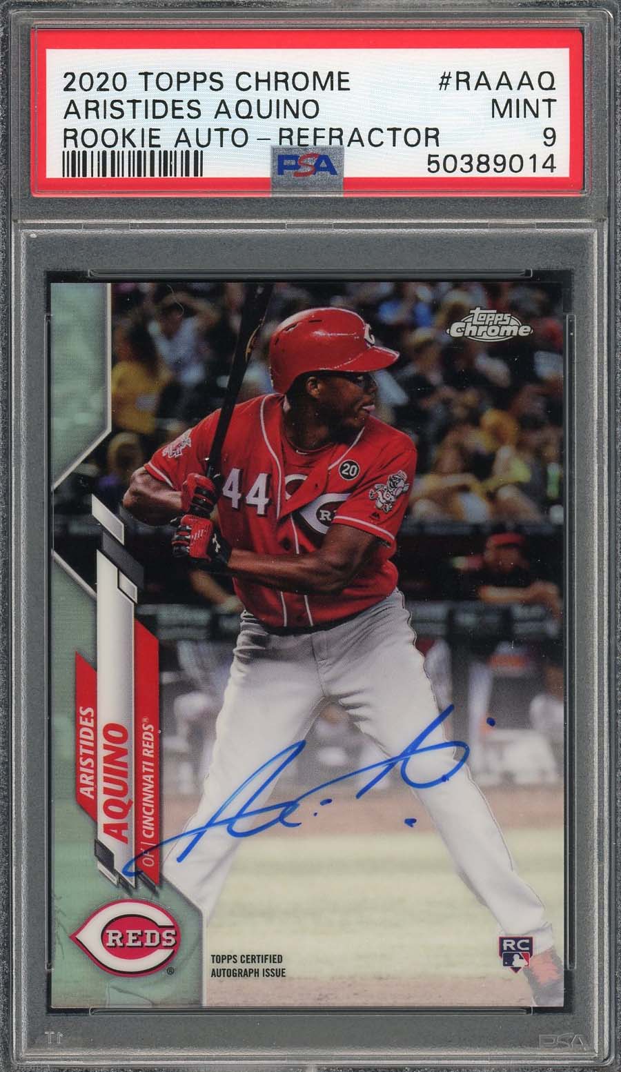 Aristides Aquino 2020 Topps Chrome Rookie Autographs Refractor Baseball Card RC #RAAAQ Graded PSA 9 MINT /499-Powers Sports Memorabilia