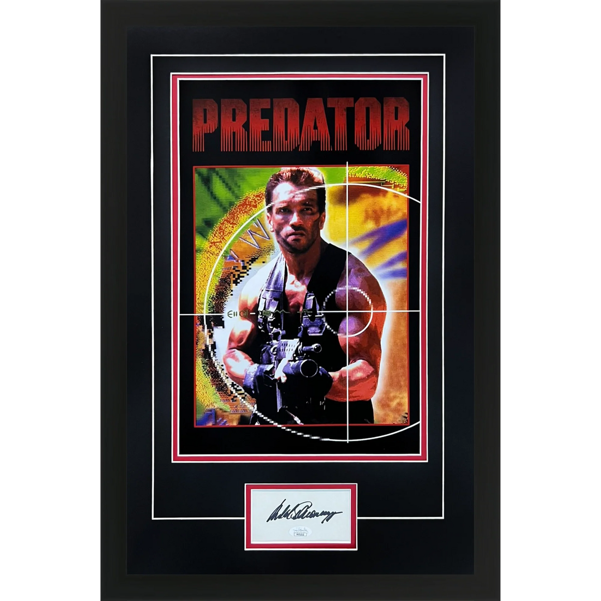 Autographed Arnold Schwarzenegger Predator Deluxe Framed 11x17 Movie Poster Piece - JSA-Powers Sports Memorabilia