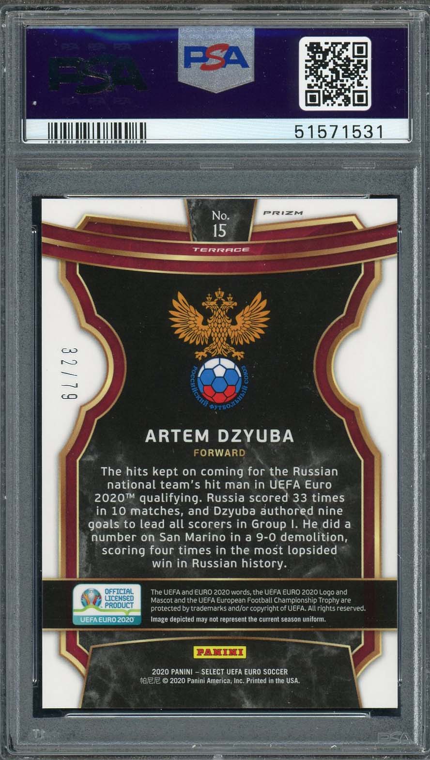 Artem Dzyuba 2020 Select UEFA Euro Purple Prizm Card #15 PSA 10 /79-Powers Sports Memorabilia