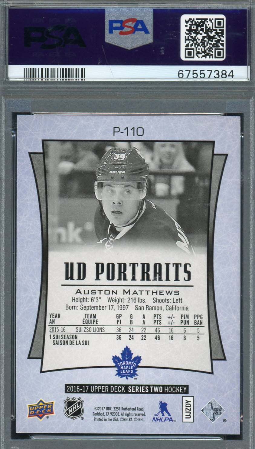 Auston Matthews 2016 Upper Deck Portraits Rookie Card #P-110 Graded PSA 10-Powers Sports Memorabilia