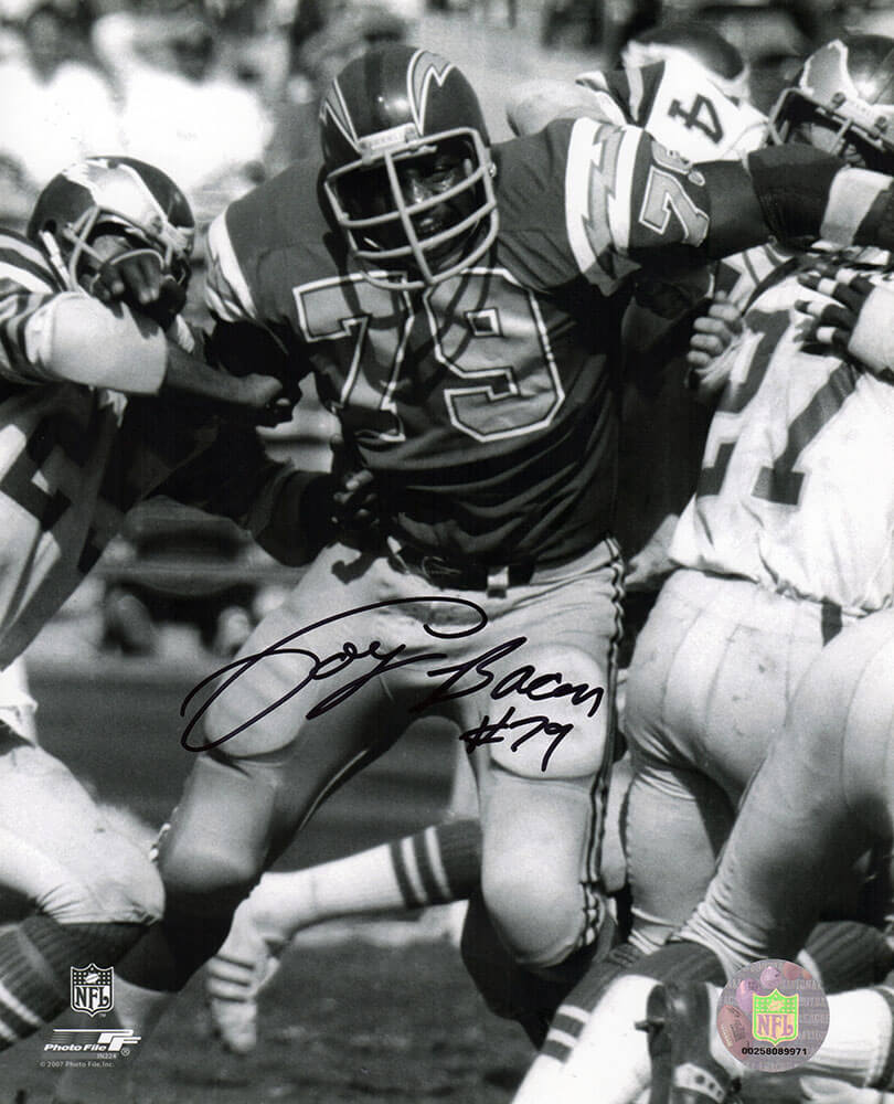 Coy Bacon Autographed Chargers B&W Action 8x10 Photo-Powers Sports Memorabilia