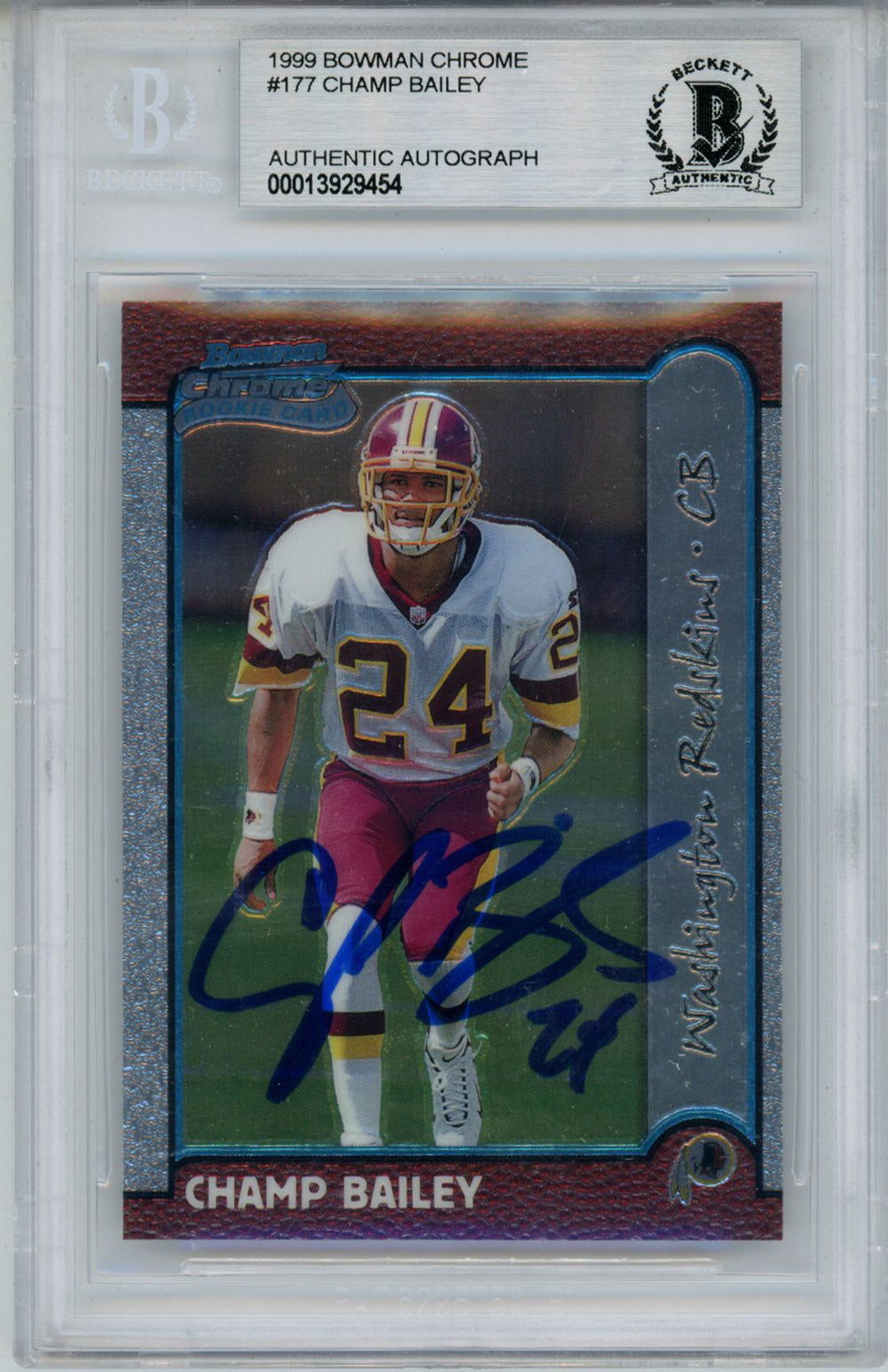 Champ Bailey Washington Redskins Signed Card - 1999 Bowman Chrome #177 Rookie Beckett Slab Beckett-Powers Sports Memorabilia