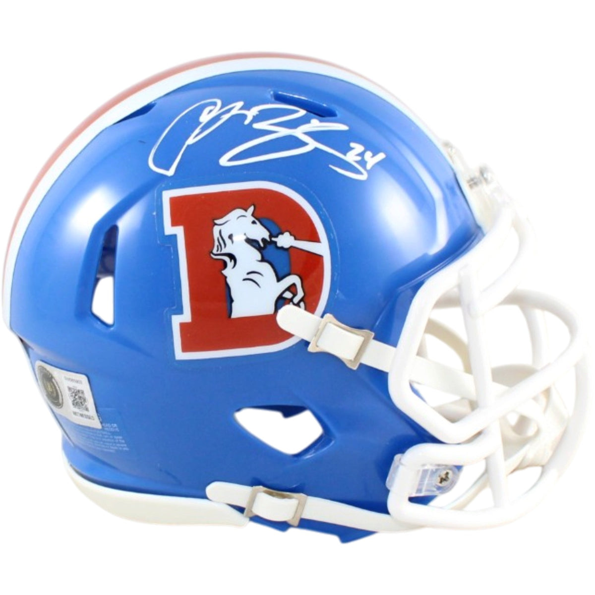 Champ Bailey Denver Broncos Signed Mini Helmet Beckett Witness 58658 Beckett-Powers Sports Memorabilia