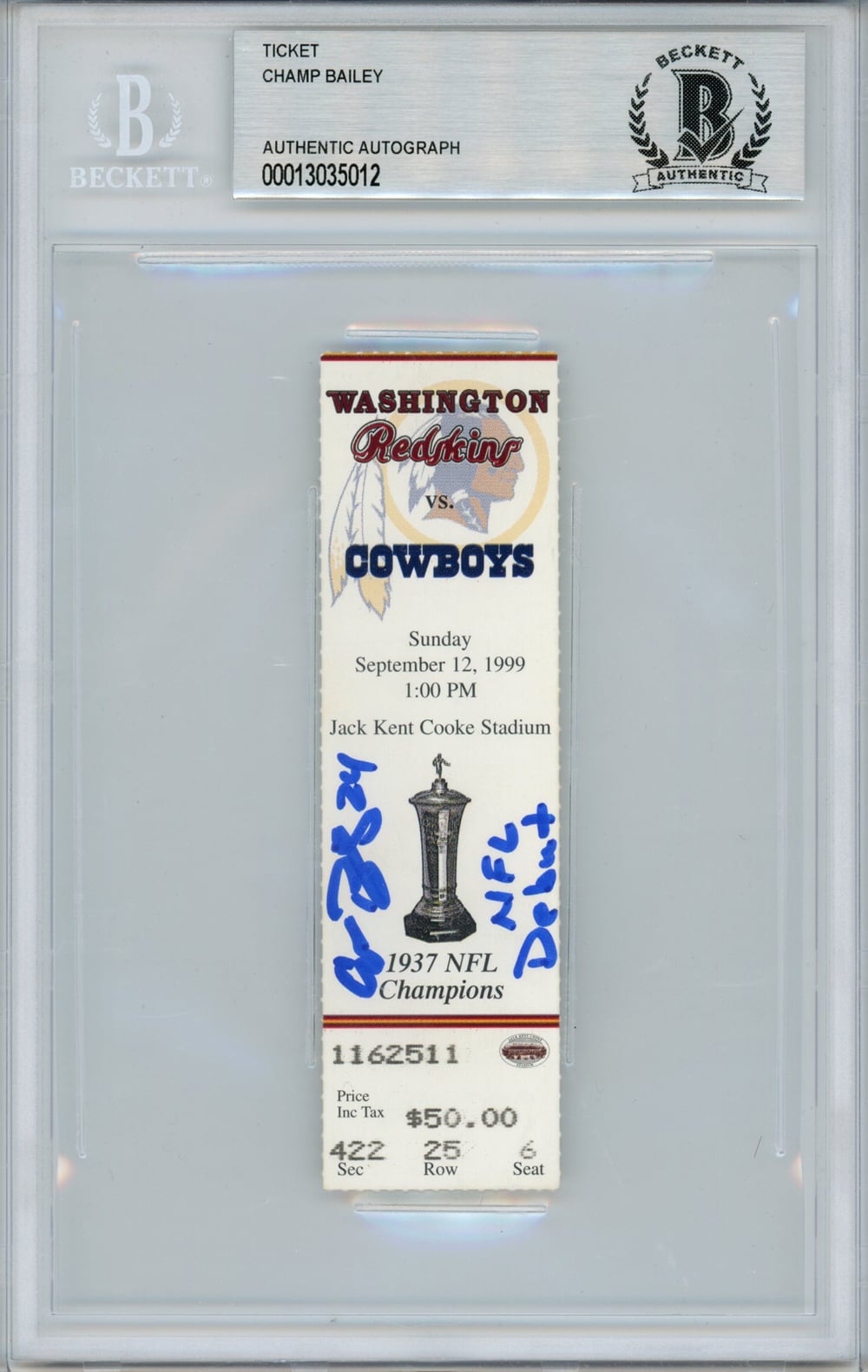 Champ Bailey Washington Redskins Signed Card - Ticket Stub NFL Debut BAS Slab Beckett-Powers Sports Memorabilia