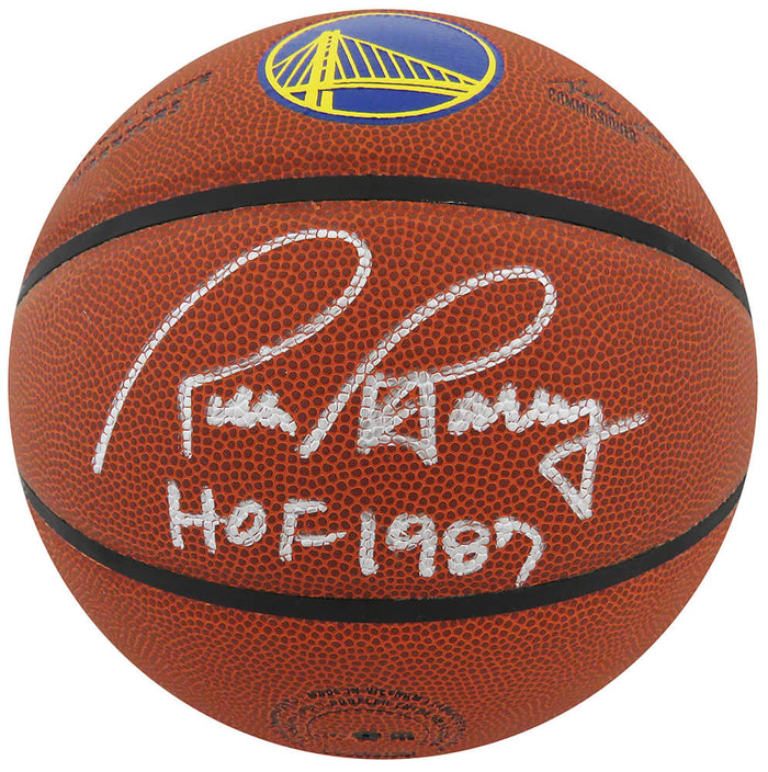 Rick Barry Autographed Wilson Golden State Warriors Logo NBA Basketball with HOF 1987-Powers Sports Memorabilia