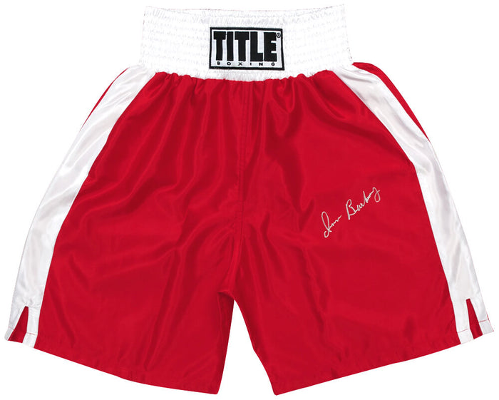 Iran Barkley Autographed Title Red With White Trim Boxing Trunks-Powers Sports Memorabilia