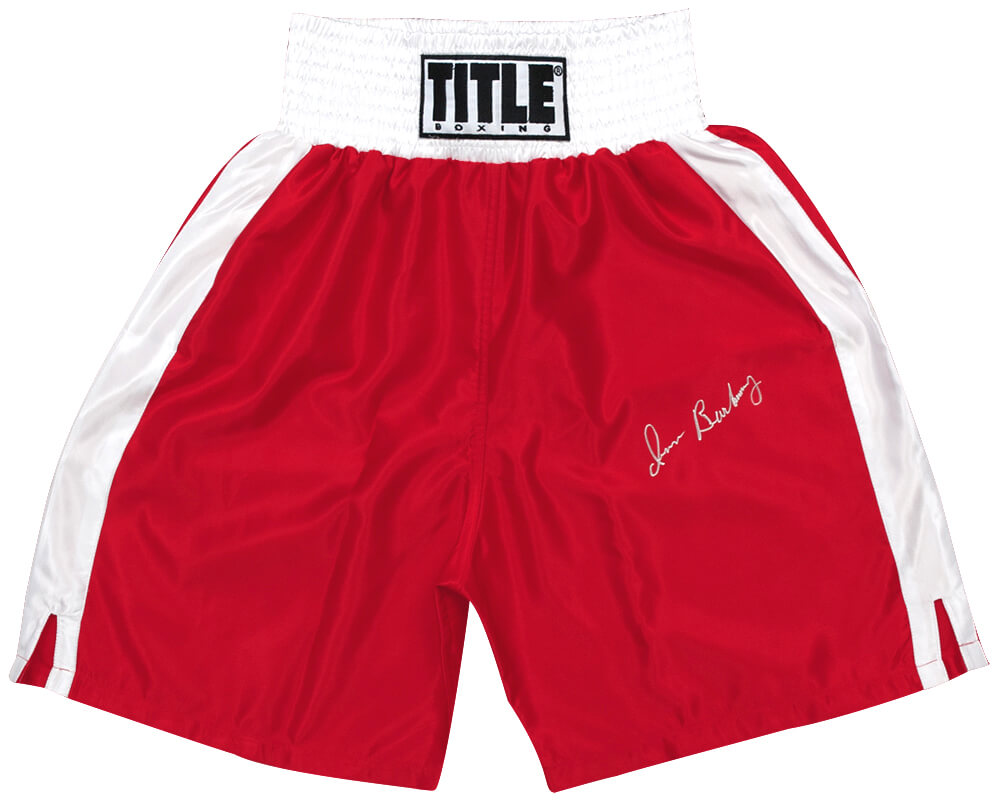 Iran Barkley Autographed Title Red With White Trim Boxing Trunks-Powers Sports Memorabilia