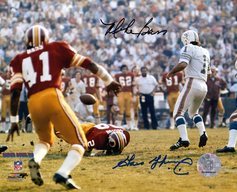 Garo Yepremian & Mike Bass Dual Autographed Dolphins vs Washington Super Bowl VII Action 8x10 Photo-Powers Sports Memorabilia