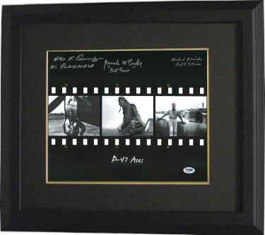 Steve Pisanos/Frank McCauley/Richard Fleischer Autographed WWll P-47 Ace Pilots 11 x 14 Filmstrip Photograph Custom Framing - 3 Autographed- PSA-Powers Sports Memorabilia