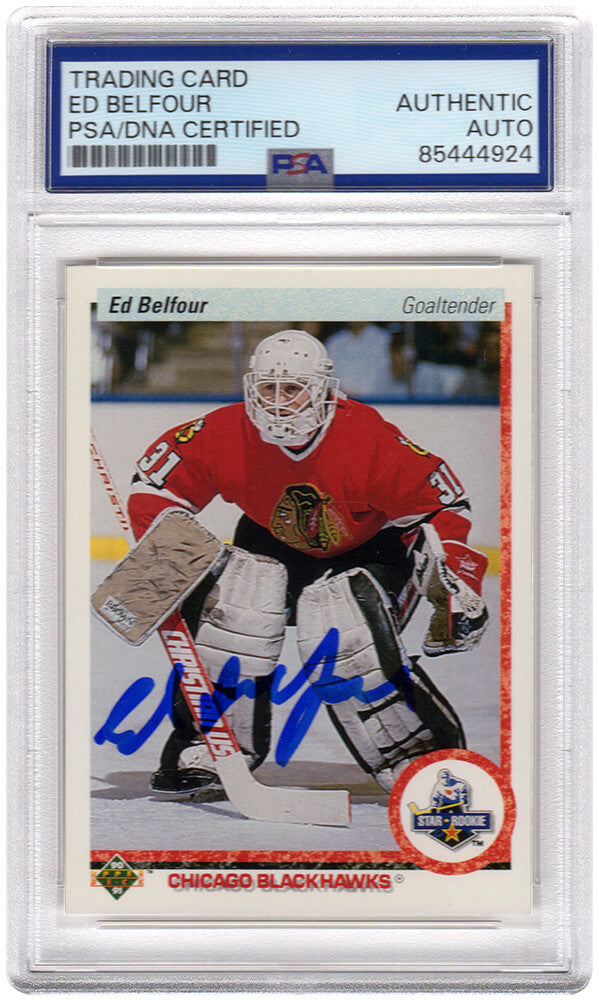 Ed Belfour Chicago Blackhawks Autographed 1990 91 Upper Deck Hockey Rookie-Powers Sports Memorabilia