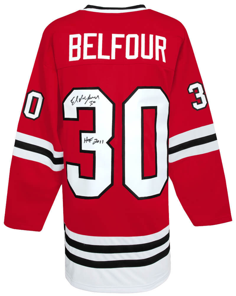 Ed Belfour Autographed Red Throwback Custom Hockey Jersey with HOF 2011-Powers Sports Memorabilia
